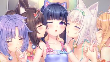 6+girls :o ahoge alternate_hairstyle animal_ear_fluff animal_ear_hairband animal_ears arm_strap azuki_(nekopara) bell bikini blonde_hair blue_hair blue_nails blush bow braid brown_hair cat_ears cat_girl chocola_(nekopara) cinnamon_(nekopara) closed_eyes coconut_(nekopara) collarbone double_bun fake_animal_ears finger_in_another&#039;s_mouth finger_sucking flat_chest food food-themed_hair_ornament frilled_one-piece_swimsuit frills fruit fruit_hair_ornament game_cg hair_bun hair_ornament hairband harem headband heart heart_print highres imminent_kiss indoors interspecies lime_(fruit) lime_hair_ornament lime_slice maple_(nekopara) medium_hair minazuki_shigure multiple_girls nail_polish neck_bell nekopara non-web_source official_art one-piece_swimsuit one_eye_closed orange_(fruit) orange_hair orange_nails orange_slice pink_bow pink_nails print_bow purple_eyes purple_hair purple_nails purple_one-piece_swimsuit sayori_(neko_works) siblings sisters sucking_finger swimsuit twins vanilla_(nekopara) watermelon watermelon_hair_ornament watermelon_slice white_hair yuri