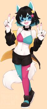 1girl animal_ears asymmetrical_legwear black_hair black_shoes black_shorts blue_eyes blue_hair blue_pantyhose blush breasts cleavage collar dog_ears dog_girl dog_tail double_v fangs furry furry_female hair_ornament highres looking_at_viewer medium_breasts mismatched_legwear multicolored_hair navel open_mouth original pantyhose pink_pantyhose shoes short_hair shorts smile sneakers solo spiked_collar spikes star_(symbol) star_hair_ornament tail teeth torn_clothes torn_pantyhose upper_teeth_only v yoako