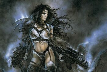 Rule 34 | 1997, 1girl, black hair, boots, buckle, cape, collared cape, copyright request, crying, detached sleeves, dual wielding, floating cape, gun, holding, julie strain, large collar, leather panties, lips, luis royo, magazine (weapon), navel, official art, original, panties, shirt, shoulder guard, smoke, smoking barrel, streaming tears, sweat, tears, tears of the iii millennium, thigh boots, thighhighs, torn clothes, traditional media, underwear, weapon, weapon strap, wet, wet clothes, wet shirt, white eyes, white nails