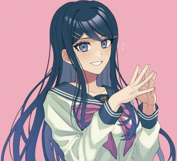 1girl black_hair black_sailor_collar blue_eyes blush bow bowtie danganronpa:_trigger_happy_havoc danganronpa_(series) ganruo_(iwashi_1023) grin hair_ornament hairclip hands_up highres long_hair long_sleeves maizono_sayaka own_hands_together pink_background pink_bow pink_bowtie sailor_collar shirt simple_background smile solo teeth upper_body white_shirt