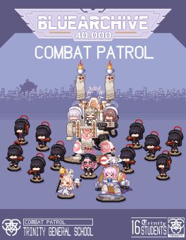 6+girls beret black_hair black_hat black_sailor_collar black_wings blonde_hair blue_archive bolter covered_eyes cross_halo cup dress faceless faceless_female feathered_wings gun hair_over_eyes halo hat head_wings highres holding holding_gun holding_weapon justice_task_force_member_(blue_archive) koharu_(blue_archive) long_hair mika_(blue_archive) multiple_girls nagisa_(blue_archive) open_mouth pink_eyes pink_hair pink_halo pixel_art red_halo redforge sailor_collar school_uniform seia_(blue_archive) serafuku skirt tea_party_(blue_archive) teacup trinity_general_school_logo trinity_student_(blue_archive) warhammer_40k weapon white_dress white_halo white_wings winged_halo wings