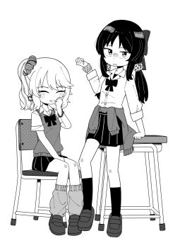 Rule 34 | 2girls, alternate hairstyle, between legs, blush, bow, bowtie, chair, closed eyes, clothes around waist, collared shirt, desk, earrings, greyscale, grin, gyaru, hair bow, hair ornament, hair scrunchie, hand between legs, heart, heart earrings, highres, idolmaster, idolmaster cinderella girls, idolmaster cinderella girls u149, jacket, jacket around waist, jewelry, loafers, loose socks, medium hair, monochrome, multiple girls, ponytail, sakurai momoka, samename111, school chair, school desk, school uniform, scrunchie, shirt, shoes, simple background, sitting, skirt, smile, socks, sweater vest, tachibana arisu, wrist scrunchie