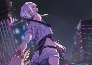 1boy 1girl arm_behind_back bare_shoulders belt black_belt black_leotard black_nails building city clothing_cutout commentary_request cropped_jacket cyberpunk:_edgerunners cyberpunk_(series) from_behind highleg highleg_leotard jacket leotard looking_at_viewer looking_back lucy_(cyberpunk) medium_hair nail_polish open_mouth painapo0731 pov pov_hands purple_hair side_cutout smile white_jacket