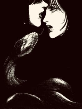 black_background black_hair black_outline face-to-face greyscale highres long_hair looking_at_another looking_to_the_side monochrome original outline snake tp_p_pt