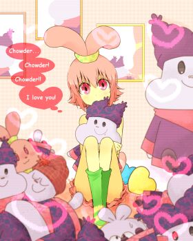 1girl chowder chowder_(character) english_text female_focus hairband indoors panini_(chowder) personification pink_eyes skirt solo speech_bubble stuffed_toy thought_bubble tsunoji