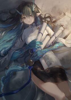 Rule 34 | 1girl, :|, absurdres, ambience synesthesia, aqua fur, arknights, bare legs, belt, belt around waist, black hair, black skirt, blue belt, blue trim, breasts, chinese clothes, closed mouth, collared shirt, colored extremities, colored inner hair, colored skin, commentary request, cowboy shot, dragon girl, dragon horns, dragon tail, dress, dusk (ambience synesthesia) (arknights), dusk (arknights), earrings, eastern dragon horns, eastern dragon tail, expressionless, eyeliner, gradient hair, green fur, green hair, green horns, green skin, hair between eyes, hair spread out, high-waist skirt, high belt, highres, holding, holding scroll, horns, jewelry, knee up, long bangs, long hair, long sidelocks, long sleeves, looking ahead, lying, makeup, mandarin collar, medium breasts, multicolored hair, natsukawa, o-ring, o-ring belt, official alternate costume, on back, on ground, orange eyes, painting (object), pale skin, pencil skirt, pointy ears, raised eyebrows, red eyeliner, revision, scroll, shirt, shirt tucked in, side slit, sidelocks, skirt, solo, straight hair, streaked hair, tail, tassel, tassel earrings, triangle print, two-tone hair, very long hair, very long tail, white dress, white shirt, white tail, wide sleeves