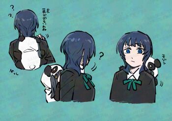 Rule 34 | 2girls, :/, ?, absurdres, adversarial noise, animal costume, asaka karin, black jacket, blue eyes, blue hair, closed mouth, commentary request, da-man, green ribbon, hiding, highres, jacket, love live!, love live! nijigasaki high school idol club, medium hair, multiple girls, multiple views, neck ribbon, nijigasaki school uniform, panda costume, person on back, ribbon, sample watermark, school uniform, watermark, watermark grid, winter uniform, yuki setsuna