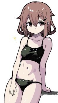 1girl bikini black_bikini breasts brown_eyes brown_hair collarbone cowboy_shot highres ikazuchi_(kancolle) kantai_collection looking_at_viewer navel short_hair simple_background sitting small_breasts solo swimsuit unagiman white_background