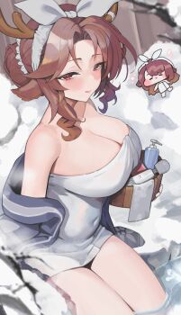 1girl :p absurdres antlers bow breasts brown_hair bucket chibi cleavage closed_mouth collarbone commentary_request covered_navel diana_(trickcal) grey_kimono hair_bow hair_bun highres hitachi_magic_wand horns japanese_clothes kimono large_breasts licking_lips nearly_naked_towel onsen partially_submerged red_eyes reindeer_antlers rock sex_toy shio05_(05_sio) sidelocks sitting snow soap_bottle thighs tongue tongue_out towel trickcal vibrator white_bow