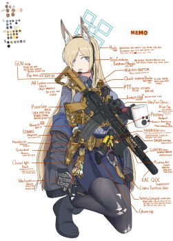 1girl absurdres animal_ear_fluff animal_ears ar-15 black_boots black_gloves black_jacket black_pantyhose blonde_hair blue_archive blue_eyes blue_halo blue_necktie blue_shirt blue_skirt boots collared_shirt commentary_request dog_ears dog_girl glock gloves gun hair_over_one_eye halo handgun headset highres holding holding_gun holding_weapon holstered jacket kanna_(blue_archive) korean_commentary kral_(auux4442) long_hair looking_at_viewer mixed-language_commentary necktie on_one_knee open_clothes open_jacket pantyhose parted_lips rifle sharp_teeth shirt sidelocks skirt solo teeth torn_clothes torn_pantyhose translation_request weapon