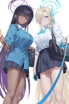 2girls absurdres asuna_(blue_archive) asuna_(school_uniform)_(blue_archive) bag black_bag black_hair blonde_hair blue_archive blue_bow blue_bowtie blue_cardigan blue_eyes blue_nails blue_skirt bow bowtie breasts cardigan cellphone collared_shirt commentary dark-skinned_female dark_skin earrings food from_below hair_over_one_eye halo highres holding holding_food holding_leash holding_phone jewelry karin_(blue_archive) karin_(school_uniform)_(blue_archive) large_breasts leash long_hair looking_at_viewer multiple_girls one_eye_covered orange_eyes phone pleated_skirt pov school_bag school_uniform scrunchie shirt shortofsugar skirt smartphone smile standing thighs very_long_hair viewer_on_leash white_shirt wrist_scrunchie