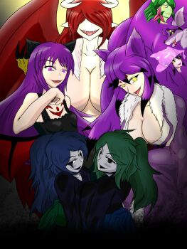 abaddon_(shrift) asukakurehito black_eyes blue_eyes blue_hair breasts chest_tattoo colored_skin daji_(mon-musu_quest!) daji_(shrift) demon_girl demon_horns fangs fangs_out green_eyes green_hair grin harpy harpy_queen_(shrift) hecate_(shrift) horns kitsune kyuubi large_breasts mon-musu_quest! mon-musu_quest:_paradox monster_girl multiple_girls multiple_tails pointy_ears purple_eyes purple_fur purple_hair shrift small_breasts smile tail tattoo white_skin wings yellow_eyes