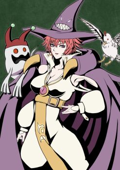 Rule 34 | 1girl, 2others, belt, bird, bodysuit, breasts, capcom, cape, cleavage, clothing cutout, detached sleeves, fingernails, ghost, green background, hair between eyes, hat, jewelry, large breasts, long sleeves, mister-c-b, multiple others, pendant, purple cape, purple eyes, red eyes, red hair, short hair, tabasa, upper body, white bodysuit, witch, witch hat, yellow belt