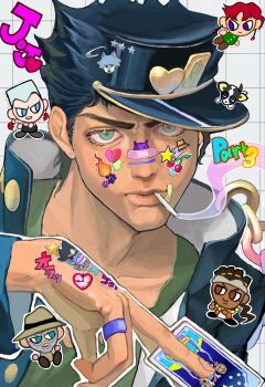 1boy bandaid bandaid_on_face bandaid_on_hand bandaid_on_nose between_fingers black_hair black_hat blue_eyes brown_eyes brown_hat brown_shirt card chain cherry chibi chibi_inset cigarette commentary dark-skinned_male dark_skin dog earrings english_commentary flattop food fruit gakuran goodsmile414 green_eyes green_shirt grey_headband grid_background hat headband heart high_collar highres holding holding_card iggy_(jojo) jean_pierre_polnareff jewelry jojo_no_kimyou_na_bouken joseph_joestar joseph_joestar_(old) kakyoin_noriaki kuujou_joutarou looking_at_viewer male_focus mohammed_avdol mouth_hold outline peaked_cap purple_eyes red_hair ring school_uniform shirt smoke smoking stand_(jojo) star_(symbol) star_platinum stardust_crusaders sticker sticker_on_face tarot the_star_(tarot)