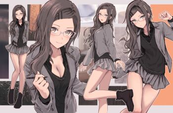 1girl :d black_boots black_shirt black_sweater boots breasts brown_eyes cleavage closed_mouth collarbone collared_shirt commentary_request dress_shirt feet_out_of_frame full_body glasses grey-framed_eyewear grey_jacket grey_skirt hair_intakes hair_ornament hairclip heart heart_hair_ornament highres jacket long_hair long_sleeves looking_at_viewer medium_breasts miniskirt multiple_views open_clothes open_collar open_jacket open_mouth original outline parallel_hairclips pleated_skirt shirt sidelocks skirt smile split_mouth sweater white_outline yukitake_(bullfalk)