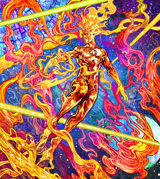 1boy abstract_background bodysuit building burning colorful_background dynamic_pose fantastic_four fiery_hair fire flying galaxy glint highres human_torch johnny_storm male_focus marvel marvel_snap muscular muscular_male official_art planet pyrokinesis science_fiction short_hair sky solo solo_focus space spacecraft spandex star_(sky) starry_sky superhero_costume vinartwork western_comics_(style)