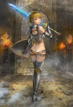 1girl absurdres arm_armor armor armored_gloves ass belt bikini_armor blonde_hair breastplate breasts brick_wall brown_belt brown_eyes butt_crack commentary_request eyelashes fantasy fire from_behind full_body greatsword high_heels highres holding holding_shield holding_sword holding_weapon indoors king&#039;s_field kuratch leg_armor light_particles lips looking_at_viewer looking_back medium_breasts medium_hair moonlight_greatsword nose original parted_lips ponytail shield shoulder_armor solo standing sword weapon