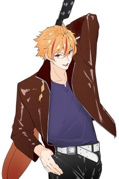 Rule 34 | 1boy, absurdres, ahoge, bamboo51006575, belt, blonde hair, braid, braided ponytail, chinese commentary, commentary request, fate/strange fake, fate (series), guitar, highres, holding, holding guitar, holding instrument, instrument, jacket, looking at viewer, male focus, multicolored hair, open clothes, open jacket, open mouth, red eyes, red streaks, richard i (fate), shirt, simple background, single braid, smile, solo, upper body, white background