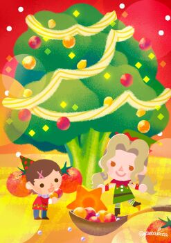 2girls blue_pants broccoli brown_hair chibi chibi_only christmas_ornaments christmas_tree classicaloid closed_mouth commentary_request dress food franz_liszt_(classicaloid) green_dress hair_ornament hairclip hat highres low_twintails multiple_girls otowa_kanae pants party_hat red_sweater short_hair signature smile solid_circle_eyes sweater tomato twintails yatta_kita