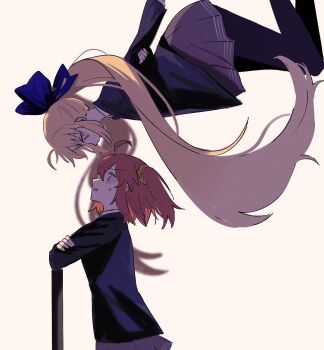 2girls 710_ao ahoge alternate_costume arms_behind_back artoria_caster_(fate) artoria_caster_(third_ascension)_(fate) artoria_pendragon_(fate) black_pantyhose blonde_hair blue_bow blue_jacket bow crossed_arms elbow_rest fate/grand_order fate_(series) floating from_side fujimaru_ritsuka_(female) green_eyes grey_skirt hair_bow hair_ornament hair_scrunchie highres id_(fate/grand_order) jacket long_hair long_sleeves looking_at_another looking_up multiple_girls one_side_up orange_eyes orange_hair pantyhose parted_lips pleated_skirt pseudo-tokyo_school_uniform school_uniform scrunchie short_hair simple_background skirt sweat twintails very_long_hair white_background yellow_scrunchie