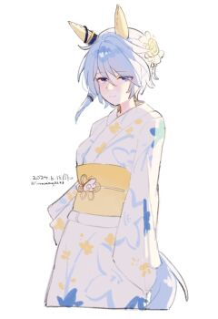 Rule 34 | 1girl, animal ears, blue eyes, blue hair, blush, closed mouth, commentary request, ear covers, floral print, floral print kimono, flower, hair between eyes, hair flower, hair ornament, highres, horse ears, horse girl, horse tail, japanese clothes, k.s.miracle (umamusume), kimono, long sleeves, looking at viewer, obi, print kimono, saramiao-chan, sash, short hair, simple background, smile, solo, tail, umamusume, white background, white kimono