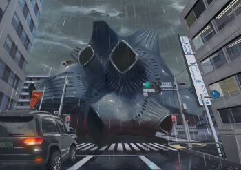 1other absurdres building bullton car city cloud cloudy_sky commentary_request crosswalk flag fluorescent_lamp from_below giant giant_monster highres kaiju king_joe_(neoroto) license_plate motor_vehicle no_humans outdoors rain reflection road_sign shell sign sky traffic_light ultra_series ultraman_(1st_series) wet