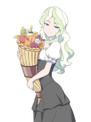 Rule 34 | 1girl, apple, black dress, blue eyes, commentary, corn, cornucopia, diana cavendish, dress, flower, food, from side, fruit, grapes, green hair, holding, little witch academia, long hair, looking at viewer, multicolored hair, pear, puffy short sleeves, puffy sleeves, satochi, short sleeves, simple background, smile, solo, squinting, standing, two-tone dress, two-tone hair, white background, white dress