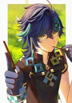 1boy arms_up black_gloves black_hair black_shirt border bracelet candy collared_shirt commentary_request crossed_bangs diamond-shaped_pupils diamond_(shape) food genshin_impact gloves green_hair highres holding holding_food holding_pocky jewelry kinich_(genshin_impact) looking_at_viewer male_focus medium_hair multicolored_eyes multicolored_hair outside_border parted_hair pocky shirt short_sleeves solo streaked_hair symbol-shaped_pupils watatai watermark white_border