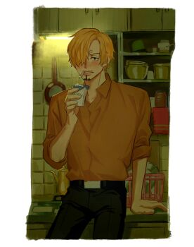 1boy arm_support belt black_belt black_pants blonde_hair cigarette cigarette_pack commentary counter curly_eyebrows facial_hair goatee hair_over_one_eye highres holding holding_cigarette_pack jennyandloiryan male_focus mustache_stubble one_piece orange_shirt pants parted_lips plate sanji_(one_piece) shirt short_hair smoking solo stove stubble