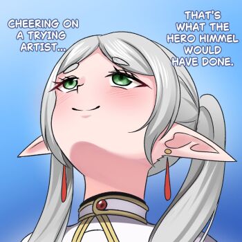1girl blue_background blush earrings elf english_text frieren green_eyes grey_hair jewelry long_hair looking_up meme pointy_ears simple_background solo sousou_no_frieren twintails upper_body upward_angle_frieren_drawing_(meme) xanadu_avici
