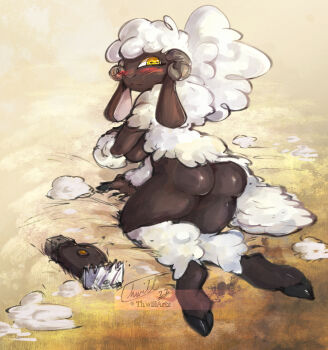 1girl all_fours animal_ears animal_feet animal_nose artist_name ass barefoot bed_sheet big_hair black_skin blush body_fur breasts closed_mouth colored_skin completely_nude covering_breasts covering_privates curled_horns dated feet female_focus from_behind full_body furry furry_female grey_horns highres hooves horizontal_pupils horns looking_at_viewer looking_back medium_breasts nude original shears sheep_ears sheep_girl sheep_horns shiny_skin signature solo thwillartz twitter_username wavy_mouth white_fur white_hair yellow_background yellow_eyes