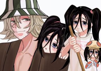1boy 1girl black_hair bleach blonde_hair blue_eyes bucket_hat c_140n closed_mouth collarbone gloves green_eyes hat head_on_another&#039;s_shoulder highres holding light_blush medium_hair open_mouth simple_background smile tsumugiya_ururu upper_body urahara_kisuke white_background