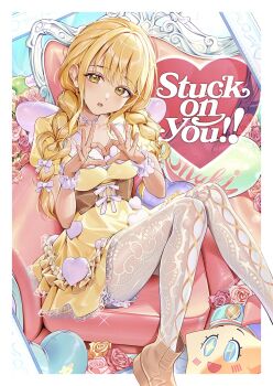 1girl blonde_hair blush braid breasts brown_shoes chair choker collarbone commentary_request dress easy_chair english_text fairy_wings fake_wings flower fujita_kotone gakuen_idolmaster heart heart_choker heart_hands highres idolmaster kainown looking_at_viewer medium_breasts on_chair open_mouth pantyhose patterned_clothing pillow revision shoes short_dress short_sleeves sitting solo thigh_strap twin_braids white_pantyhose wings wrist_cuffs yellow_dress yellow_eyes