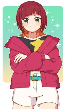 belt crossed_arms digimon digimon_beatbreak fang highres jacket pixiv_(3054301) sakuya_reina short_hair star_(symbol)