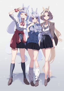 3girls absurdres animal_ears arms_behind_back black_skirt black_socks blue_bow blue_cardigan bow breasts brown_hair brown_jacket brown_shoes cardigan cleavage clothes_around_waist forehead gold_necklace gold_ship_(umamusume) grey_hair grin hair_bow highres horse_ears horse_girl horse_tail jacket jacket_around_waist jacket_on_shoulders jewelry kneehighs koroeda6 leg_warmers long_hair mejiro_mcqueen_(umamusume) multicolored_hair multiple_girls necklace one_eye_closed open_mouth orfevre_(umamusume) pink_bow pink_scrunchie pleated_skirt purple_eyes purple_hair red_jacket red_nails scrunchie shoes skirt sleeves_rolled_up smile socks tail two-tone_hair umamusume v white_hair white_leg_warmers wrist_scrunchie