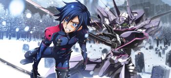 1boy 1girl alexander_liberte black_gloves blue_bodysuit blue_eyes blue_hair bodysuit code_geass code_geass:_boukoku_no_akito code_geass:_lost_stories f4samurai game_cg gloves highres holding holding_sword holding_weapon hyuuga_akito knightmare_frame mecha official_art robot solo sword teeth weapon