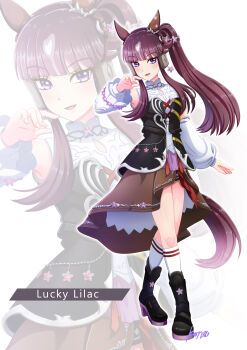 Rule 34 | 1girl, absurdres, animal ears, black boots, black corset, blunt bangs, blush, boots, breasts, brown hair, brown skirt, character name, commentary request, corset, detached sleeves, ear covers, full body, hair between eyes, hair ornament, highres, horse ears, horse girl, horse tail, kneehighs, konsu (konsu1182da), long hair, looking at viewer, lucky lilac (umamusume), multicolored hair, open mouth, purple eyes, shirt, side ponytail, skirt, sleeveless, sleeveless shirt, smile, socks, star (symbol), tail, umamusume, white shirt, white socks, zoom layer