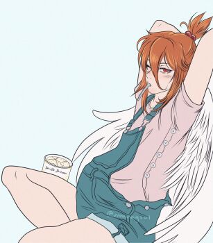 Rule 34 | 1boy, alternate costume, alternate hairstyle, angel, angel devil (chainsaw man), angel wings, arms behind head, arms up, chainsaw man, commentary, english commentary, food, grey background, halo, highres, ice cream, long hair, looking at viewer, male focus, male pregnancy, mmmags, no halo, overall shorts, overalls, pink shirt, ponytail, red eyes, shirt, simple background, sitting, solo, spoon, twitter username, utensil in mouth, white wings, wings