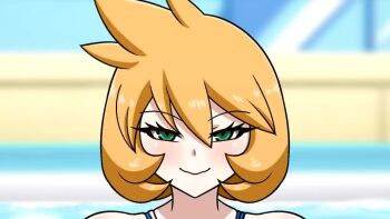 1boy 1girl animated between_breasts blush breast_press breasts cowboy_shot cum cum_on_body cum_on_breasts cum_on_upper_body curvy facial green_eyes hetero huge_breasts jacket large_breasts legs looking_at_viewer misty_(pokemon) navel nintendo nipples nude one-piece_swimsuit orange_hair paizuri paizuri_over_clothes penis pokemon pokemon_hgss pov short_hair simple_background smile solo sound standing swimsuit tagme thick_thighs thighs veins veiny_penis video white_one-piece_swimsuit yensh