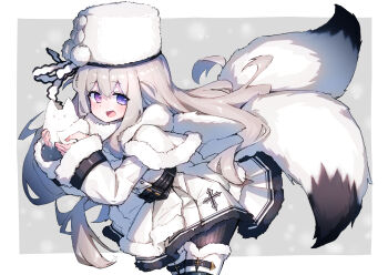 1girl absurdres azur_lane commentary_request commission dress fukutchi fur_hat grey_hair hat heterochromia highres long_hair looking_at_viewer multiple_tails murmansk_(azur_lane) official_alternate_costume open_mouth papakha purple_eyes skeb_commission smile solo tail two_tails white_dress