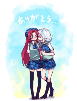 Rule 34 | 2girls, alternate costume, black legwear, blue eyes, blush, braid, closed eyes, contemporary, female focus, flower, hair ribbon, hong meiling, izayoi sakuya, kiss, long hair, multiple girls, plaid clothes, plaid skirt, red hair, ribbon, school uniform, serafuku, silver hair, skirt, socks, thighhighs, tima, touhou, yuri, zettai ryouiki