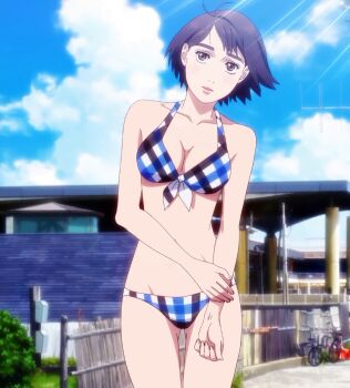 1girl anime_screenshot bad_link belly bikini blue_bikini breasts cleavage hair_up highres long_hair medium_breasts mf_ghost navel ocean official_art panties pool saionji_ren solo stitched swimsuit third-party_edit underwear water