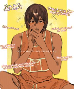 1boy bare_arms bare_shoulders bright_pupils brown_eyes brown_hair chromatic_aberration commentary dark-skinned_male dark_skin double-parted_bangs drawstring facing_viewer feet_out_of_frame fingernails frown godgift06 hair_behind_ear hair_between_eyes halftone halftone_background hands_up highres kel_(faraway)_(omori) kel_(omori) looking_down male_focus omori open_mouth orange_shorts orange_tank_top outside_border own_hands_together pillarboxed short_hair shorts simple_background sitting solo sparkle spread_legs straight-on symbol-only_commentary tank_top tearing_up teeth white_pupils yellow_background