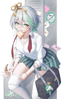 1girl absurdres adjusting_clothes adjusting_legwear almonxtea alternate_breast_size_(larger) bag bread bread_slice breasts cecilia_immergreen colored_inner_hair commentary doll_joints food food_in_mouth green_eyes grey_hair highres hololive hololive_english joints locker looking_at_viewer mouth_hold multicolored_hair necktie otomo_(cecilia_immergreen) pleated_skirt round_eyewear school_bag shirt skirt small_breasts thighhighs toast toast_in_mouth virtual_youtuber white_shirt white_thighhighs winding_key