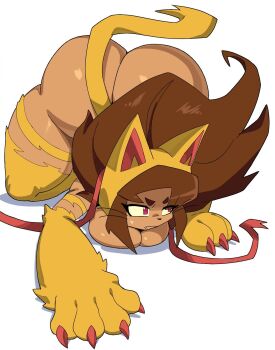 1girl animal_ears animal_hands ass breasts brown_hair cat_ears cat_tail cosplay cyberlord1109 dark-skinned_female dark_skin darkstalkers fang felicia_(darkstalkers) felicia_(darkstalkers)_(cosplay) gameoverse kit_bodega large_breasts long_hair red_eyes tail very_long_hair white_background yellow_fur