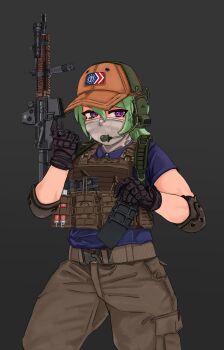 1girl absurdres ar-15 assault_rifle belt black_gloves blue_shirt brown_hat brown_pants bulletproof_vest columbia_(random_weeb) commission elbow_pads flag_patch gloves green_hair gun hat headset hearts_of_iron highres holding holding_gun holding_magazine_(weapon) holding_weapon m1ramir m4_carbine magazine_(weapon) mask mouth_mask original pants patriot_front purple_eyes rifle shirt short_hair short_sleeves solo the_fire_rises united_states weapon