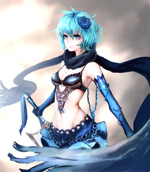 1girl armpits bare_shoulders bikini bikini_top_only black_scarf blue_eyes blue_gloves blue_hair breasts cleavage drag-on_dragoon drag-on_dragoon_3 elbow_gloves female_focus flower gloves groin hair_flower hair_ornament highres holding holding_weapon huge_weapon light_smile looking_away lumo_1121 matching_hair/eyes navel scarf short_hair small_breasts solo swimsuit sword two_(drag-on_dragoon) weapon