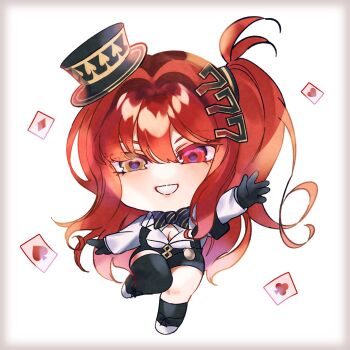 black_bow black_bowtie black_footwear black_gloves bow bowtie breasts card chibi cleavage daiya_fortuna gloves hair_ornament hairclip hat heterochromia highres long_hair looking_at_viewer mini_hat pixellink playing_card rarara_ra_men red_eyes red_hair shirt shorts side_ponytail simple_background smile top_hat virtual_youtuber waving white_background white_shirt yellow_eyes
