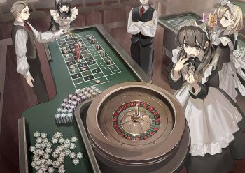 2boys 3girls apron black_dress black_pants black_vest blackjack_table casino commentary crossed_arms dress gambling maid multiple_boys multiple_girls necktie original pants poker_chip red_necktie roulette roulette_table shii_(kairi-t-k0317) shirt symbol-only_commentary table vest white_apron white_shirt