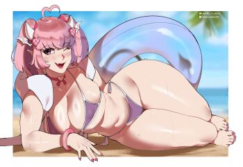 1girl ahoge artist_name beach bikini blush breasts choker hair_ornament highres horns innertube ironmouse large_breasts lying maybe_its_mayvi nail_polish navel ocean on_side one_eye_closed open_mouth patreon_logo patreon_username pink_hair pink_nails pointy_ears purple_bikini sand see-through_innertube stomach sweat swim_ring swimsuit thick_thighs thighs toenail_polish toenails twitter_logo twitter_username virtual_youtuber vshojo white_horns wide_hips